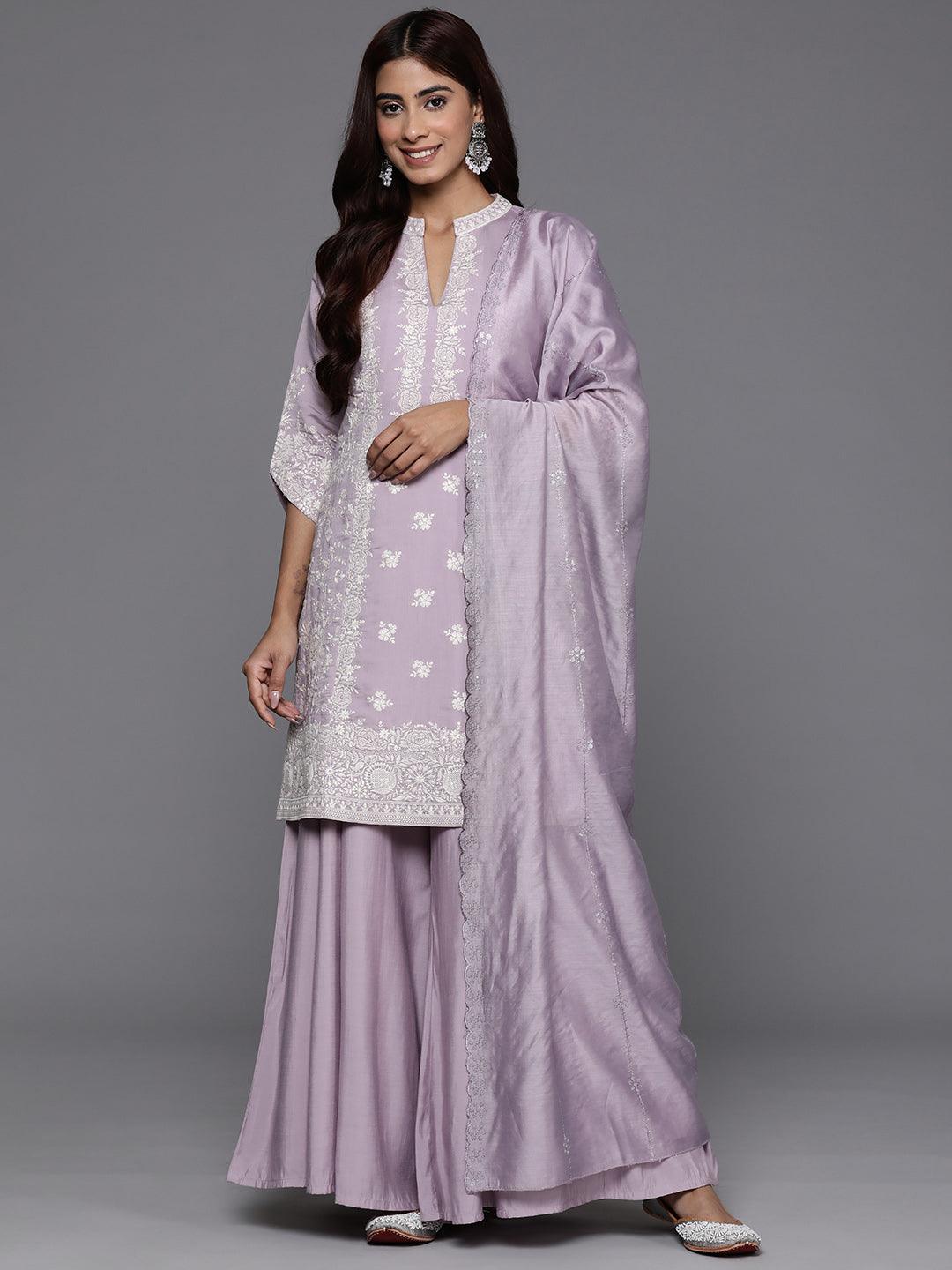 Libas Art Mauve Embroidered Silk Blend Straight Suit With Dupatta