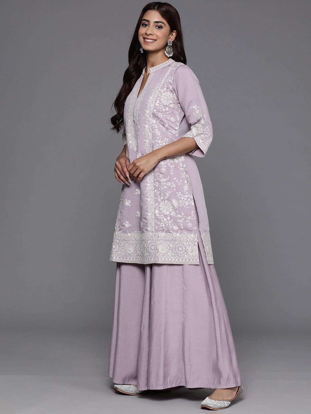 Libas Art Mauve Embroidered Silk Blend Straight Suit With Dupatta