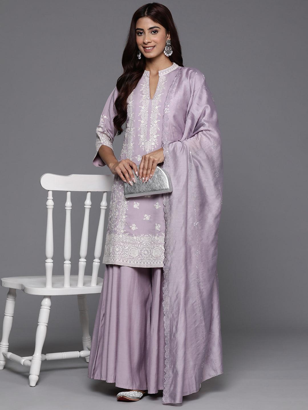 Libas Art Mauve Embroidered Silk Blend Straight Suit With Dupatta