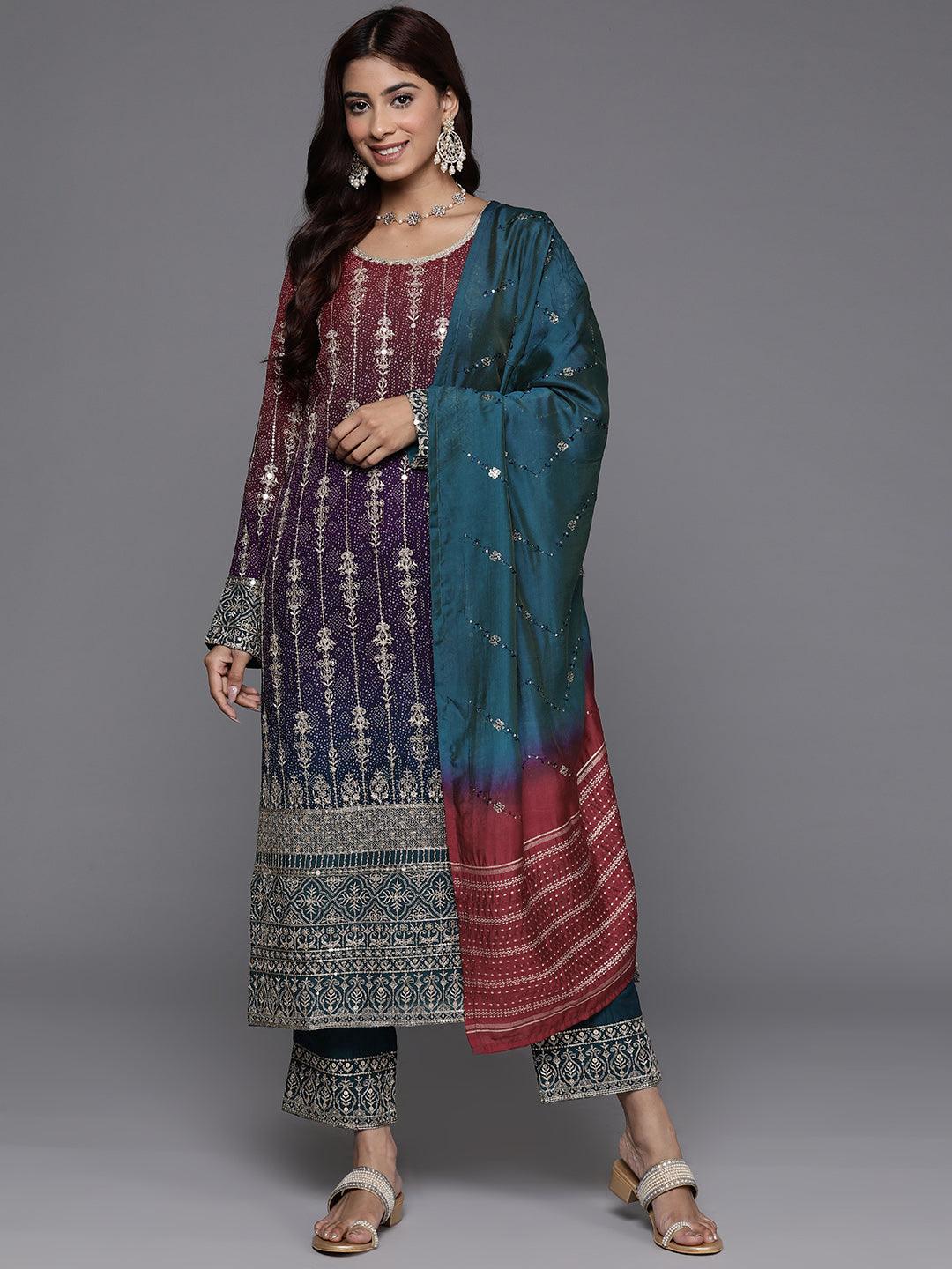 Libas Art Multicoloured Embroidered Georgette Straight Suit With Dupatta