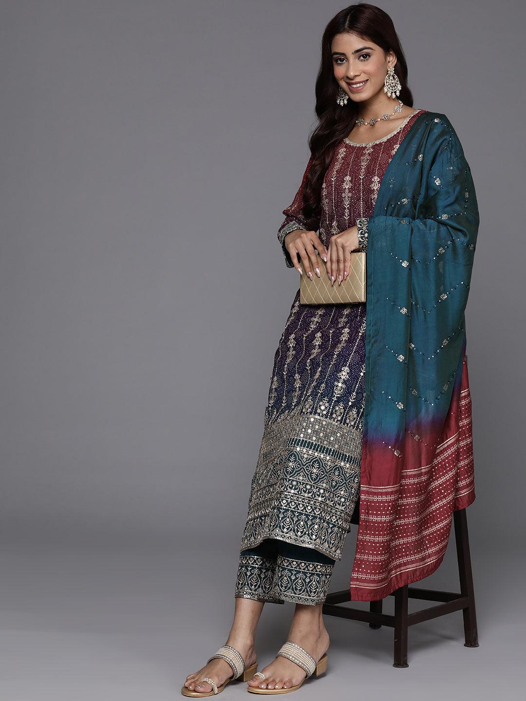 Libas Art Multicoloured Embroidered Georgette Straight Suit With Dupatta