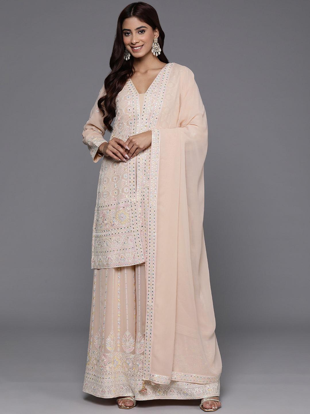 Libas Art Peach Embroidered Georgette Straight Suit With Dupatta