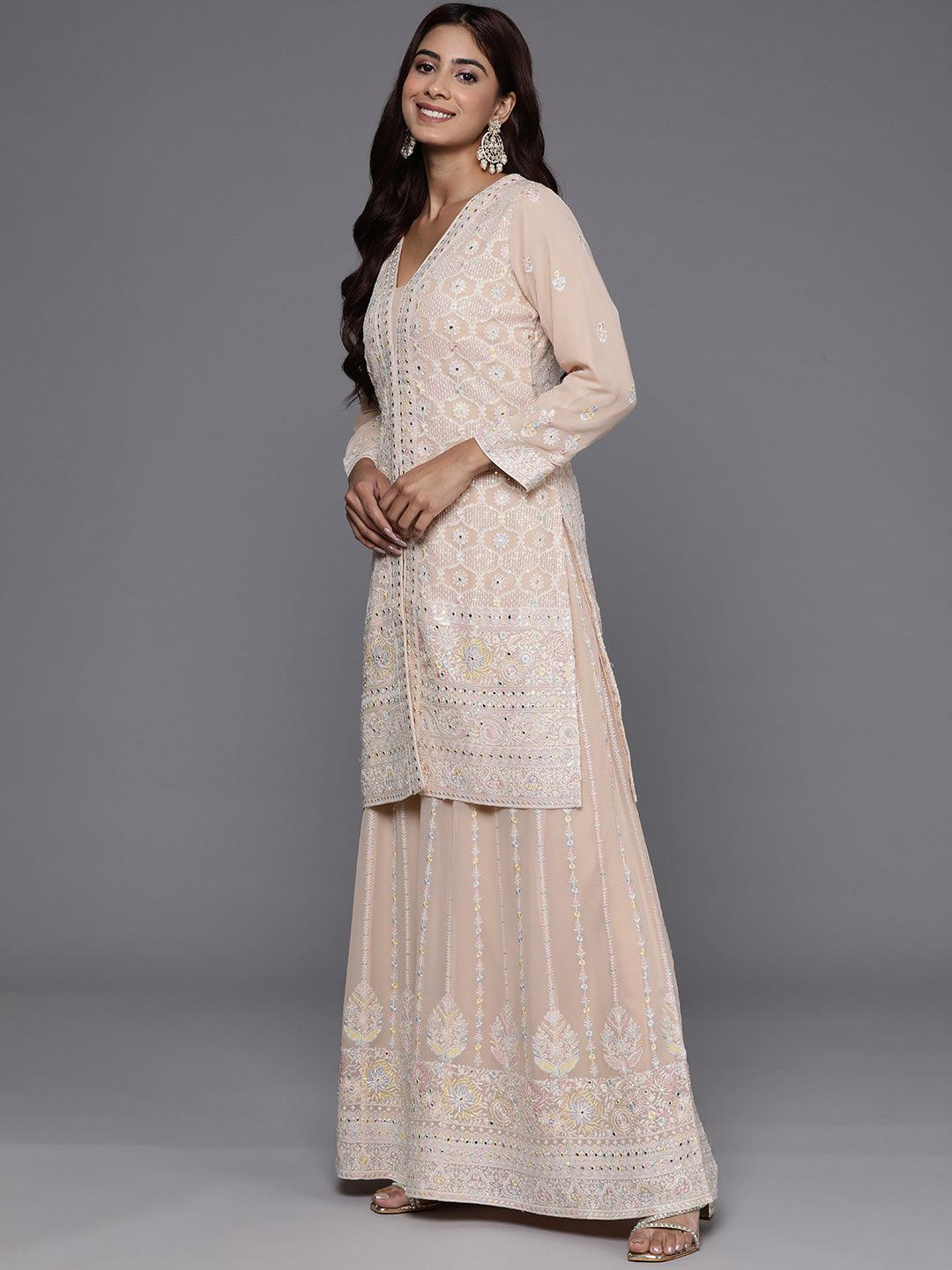 Libas Art Peach Embroidered Georgette Straight Suit With Dupatta