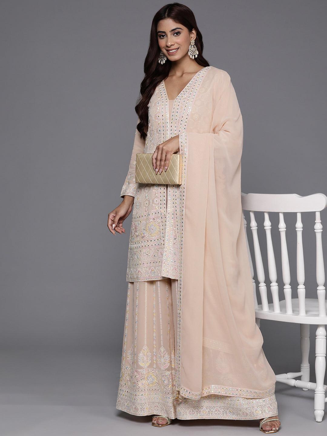 Libas Art Peach Embroidered Georgette Straight Suit With Dupatta