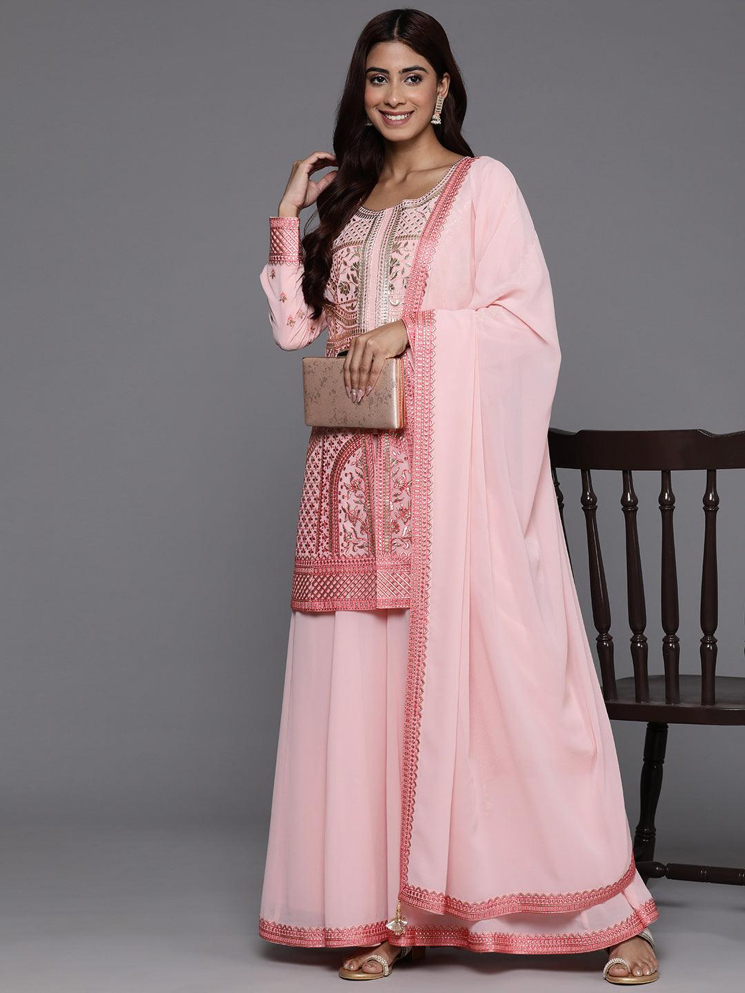 Libas Art Peach Embroidered Georgette Straight Suit With Dupatta