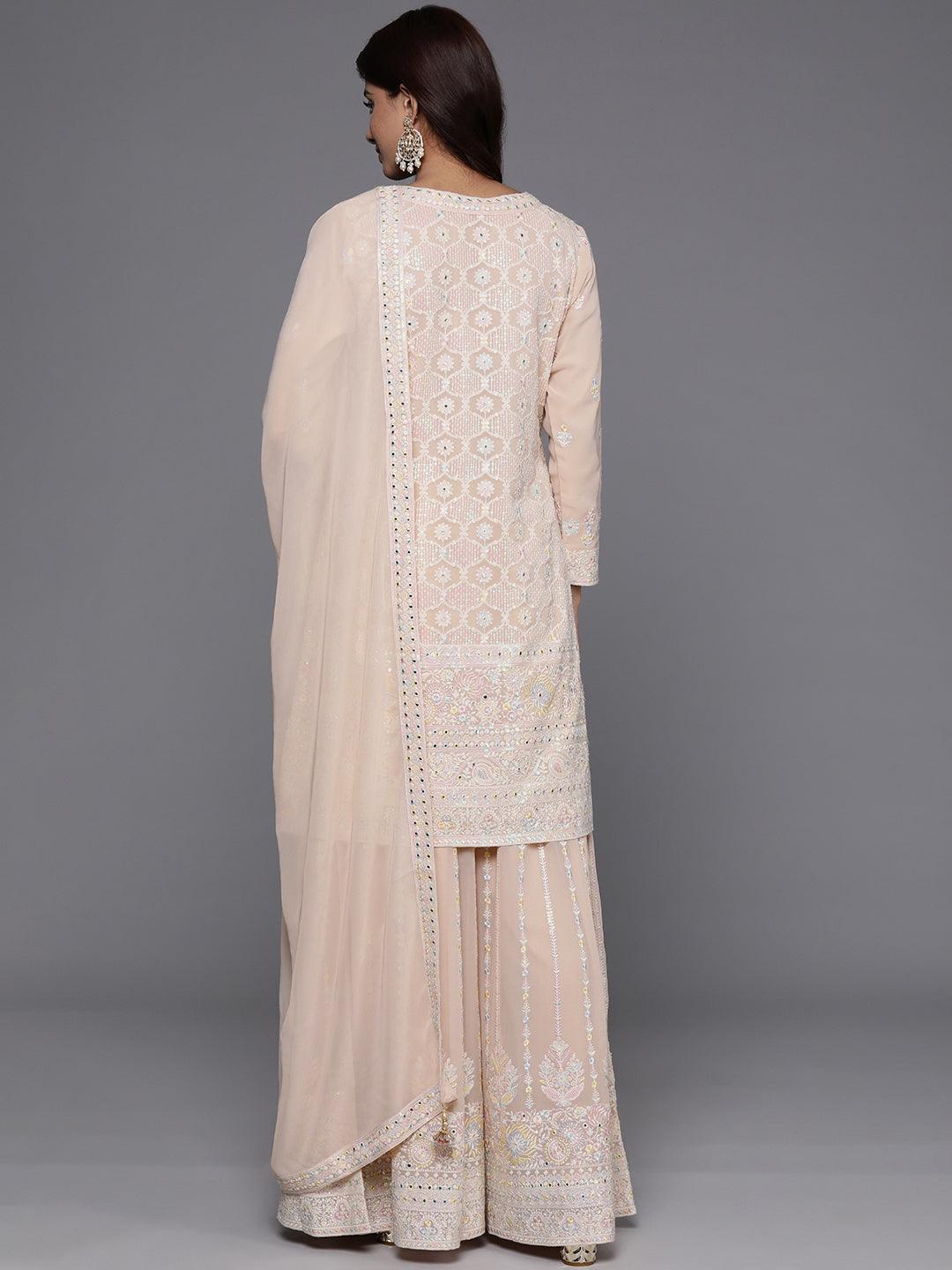 Libas Art Peach Embroidered Georgette Straight Suit With Dupatta