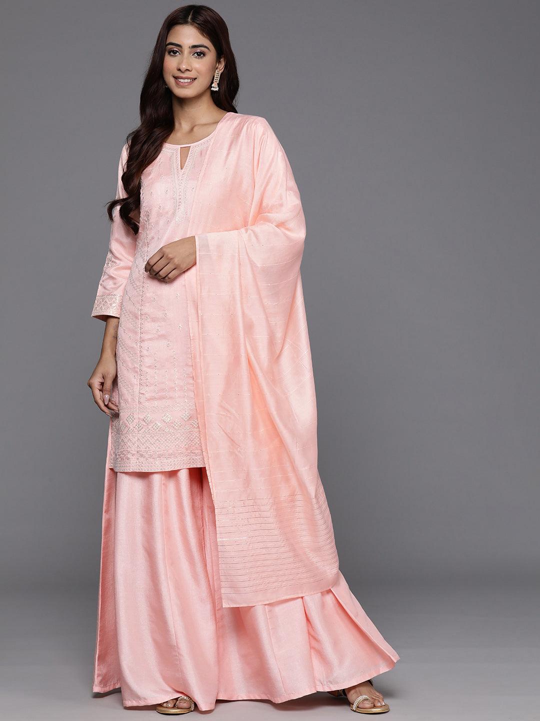 Libas Art Peach Embroidered Silk Blend Straight Suit With Dupatta