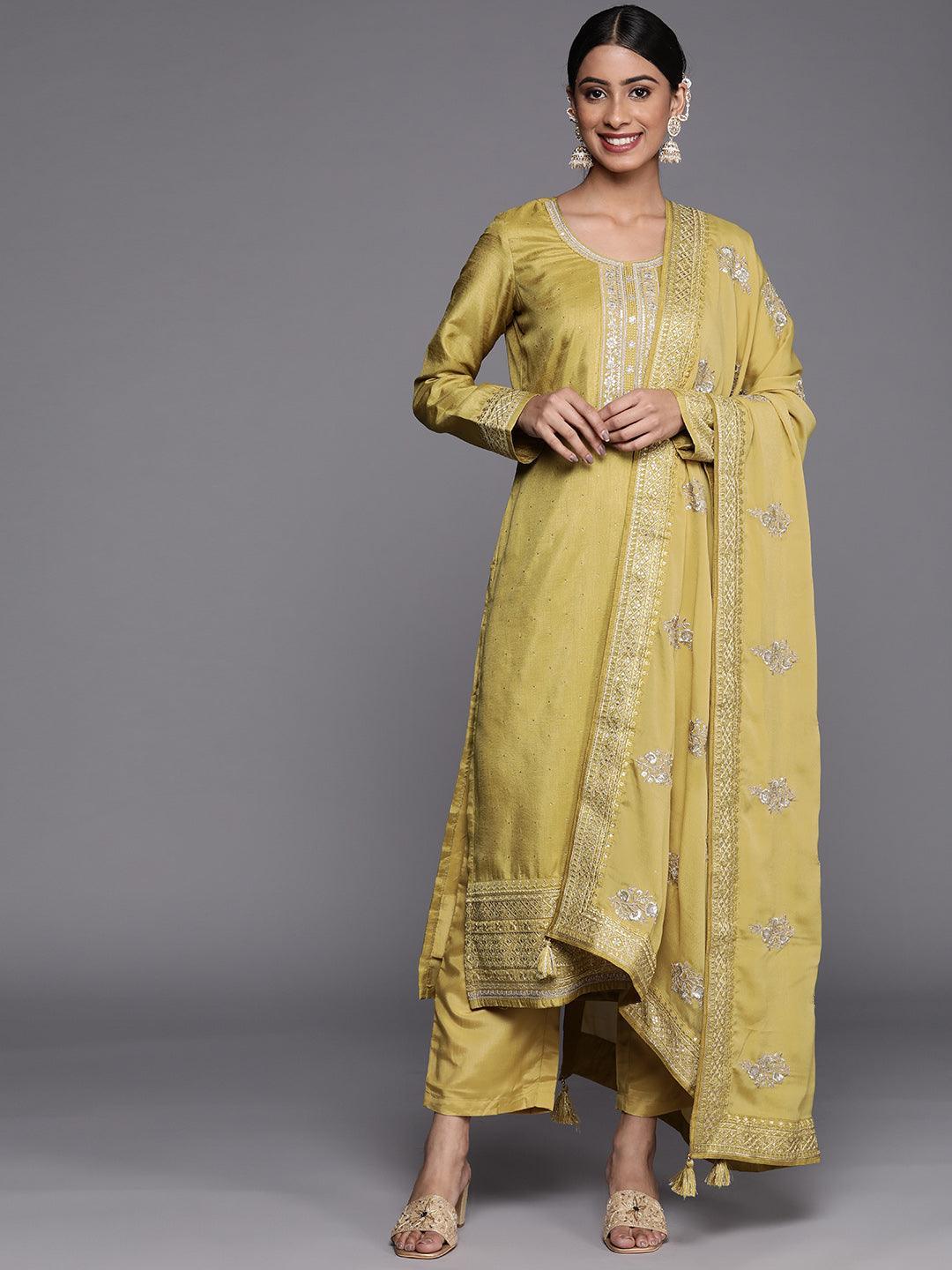 Lime Green Embroidered Silk Blend Straight Suit Set