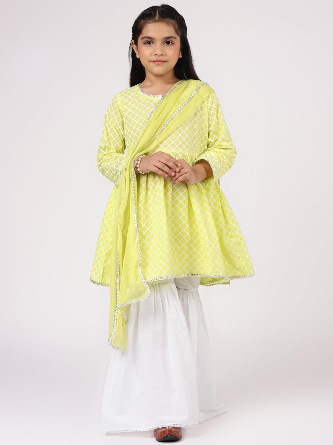 Kids Lime Green Printed Cotton A-Line Suit Set