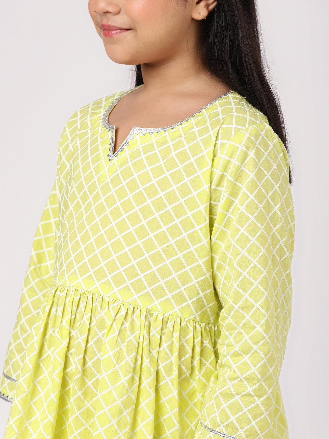 Kids Lime Green Printed Cotton A-Line Suit Set