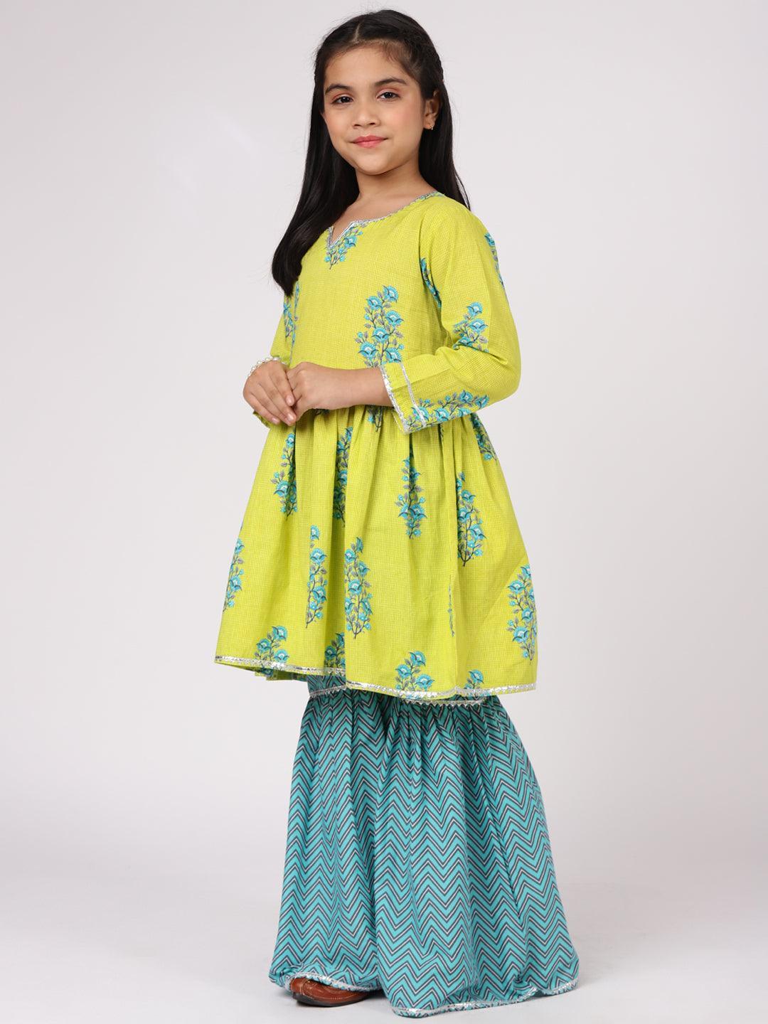 Kids Lime Green Printed Cotton Suit Set