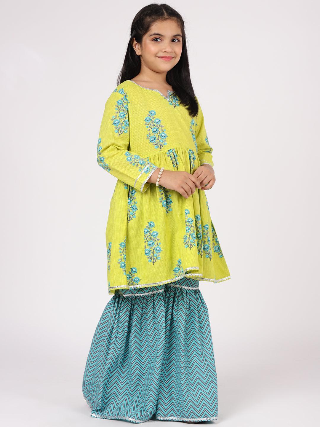 Kids Lime Green Printed Cotton Suit Set