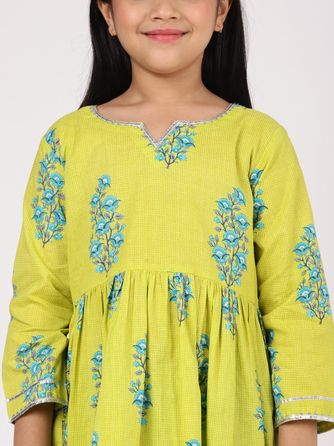 Kids Lime Green Printed Cotton Suit Set