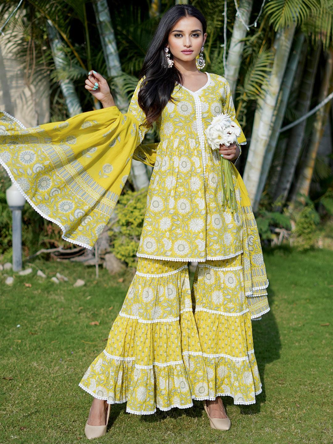 Lime Green Printed Cotton Anarkali Sharara Suit Set