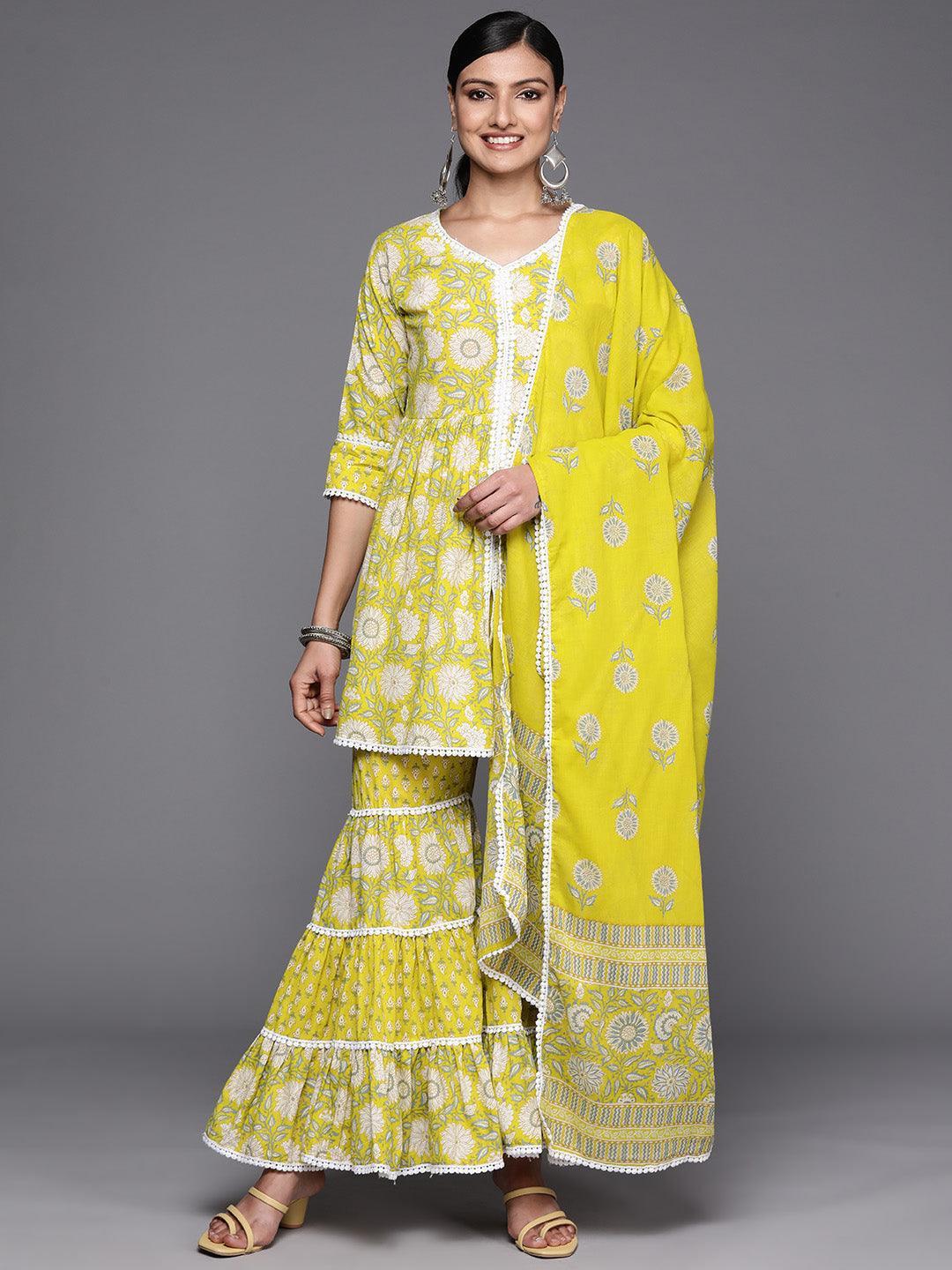 Lime Green Printed Cotton Anarkali Sharara Suit Set