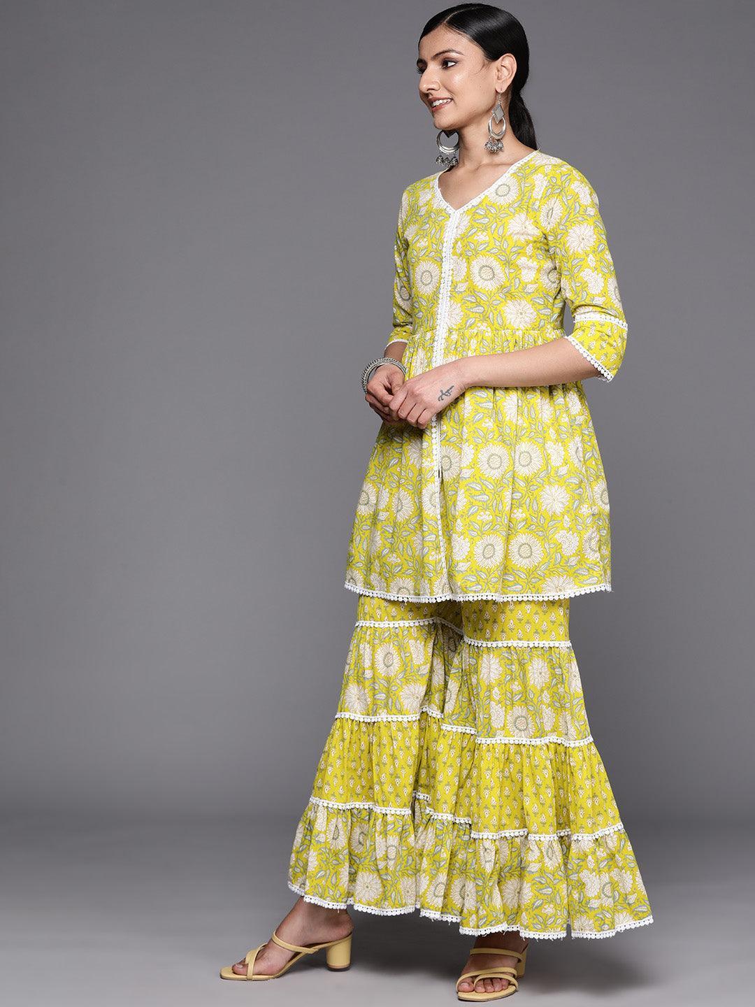 Lime Green Printed Cotton Anarkali Sharara Suit Set