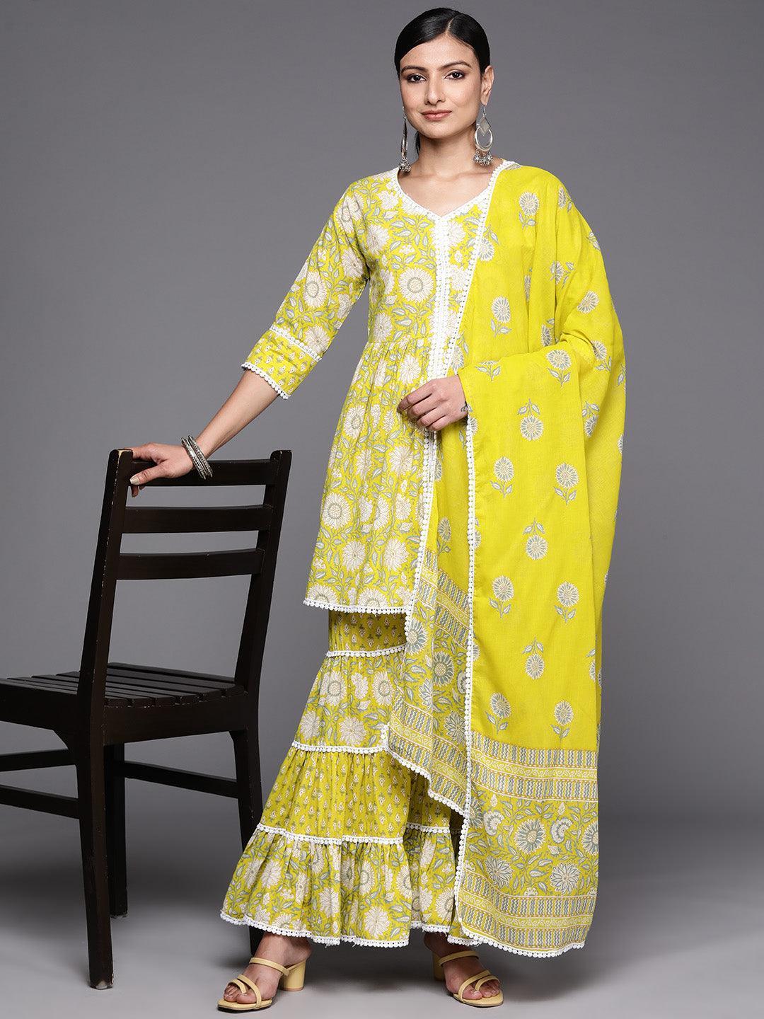 Lime Green Printed Cotton Anarkali Sharara Suit Set - ShopLibas