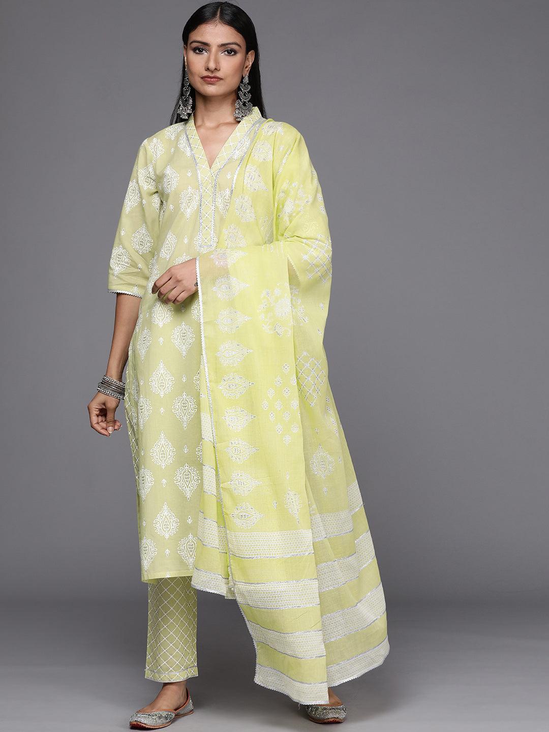 Lime Green Printed Cotton Straight Suit Set