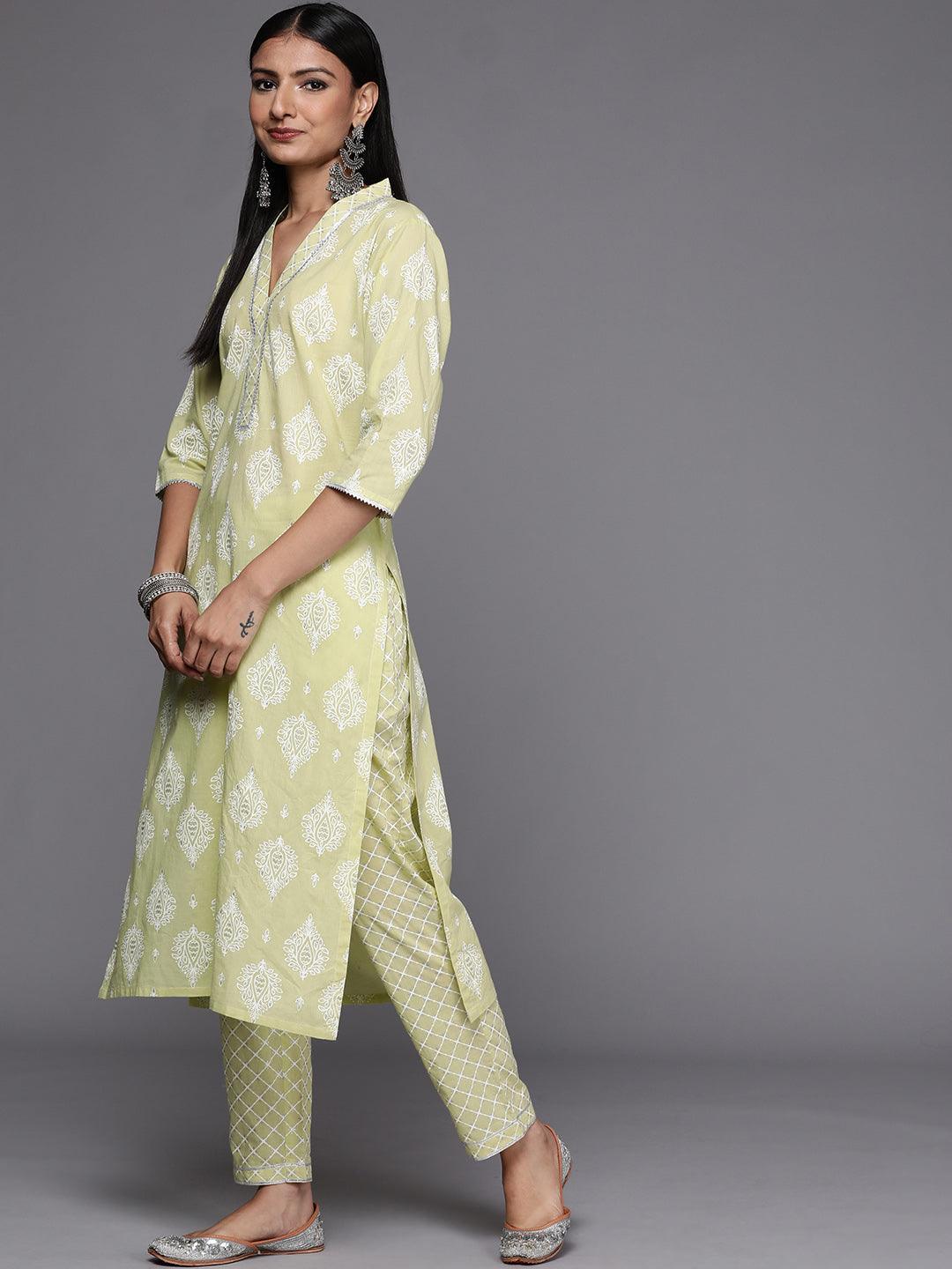 Lime Green Printed Cotton Straight Suit Set