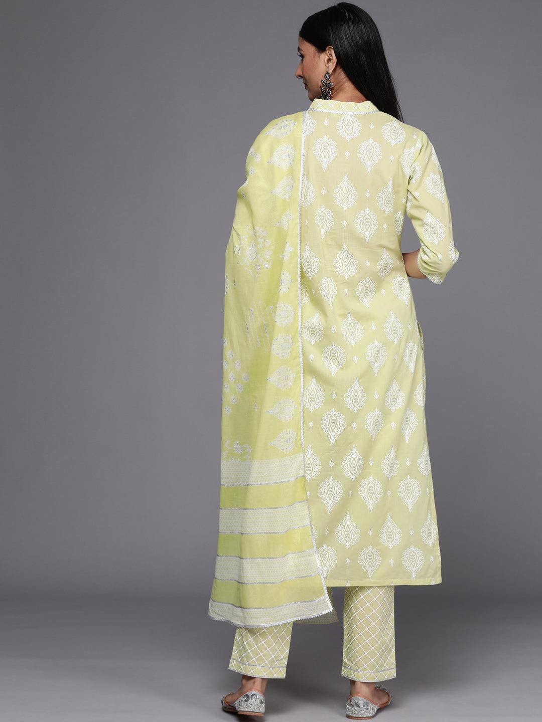 Lime Green Printed Cotton Straight Suit Set