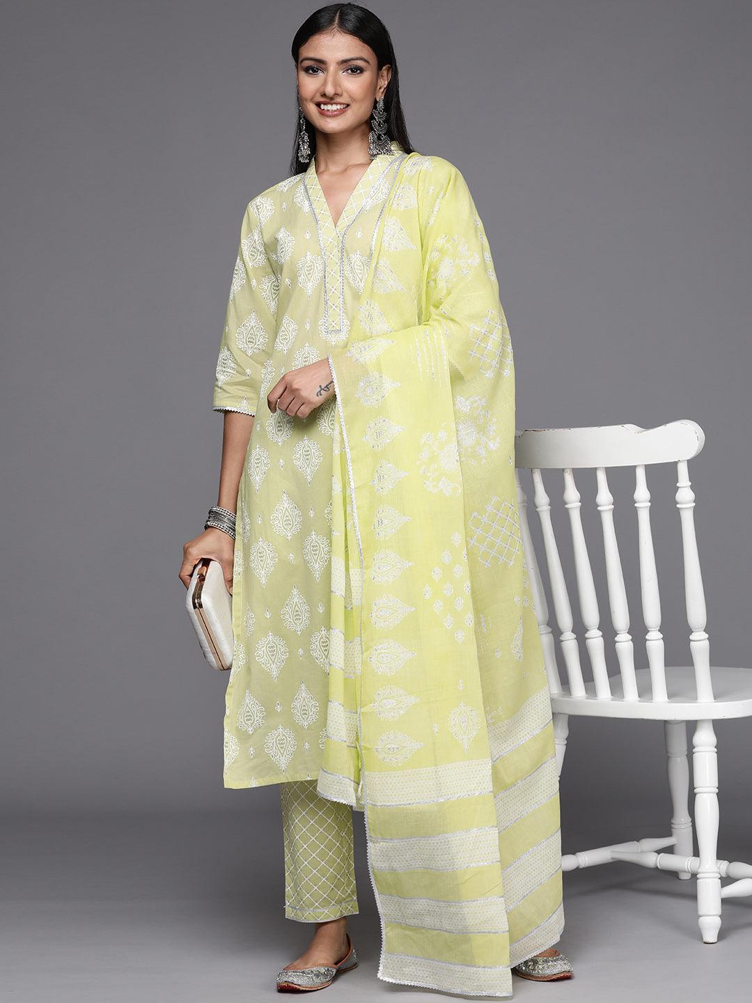 Lime Green Printed Cotton Straight Suit Set