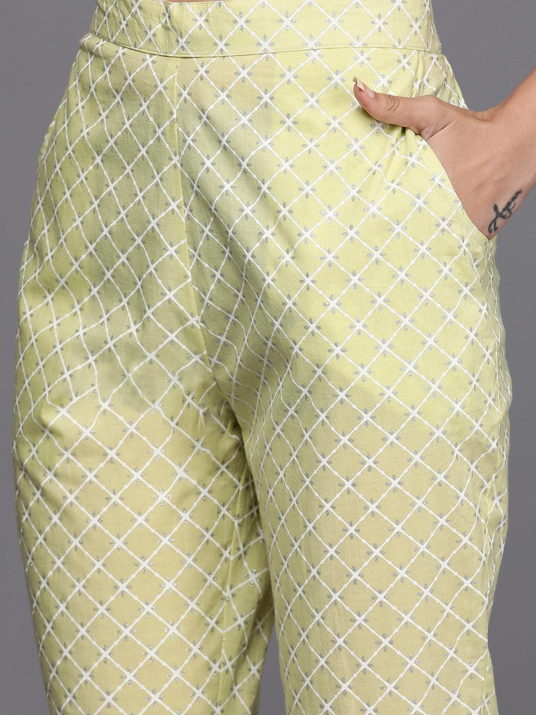 Lime Green Printed Cotton Straight Suit Set