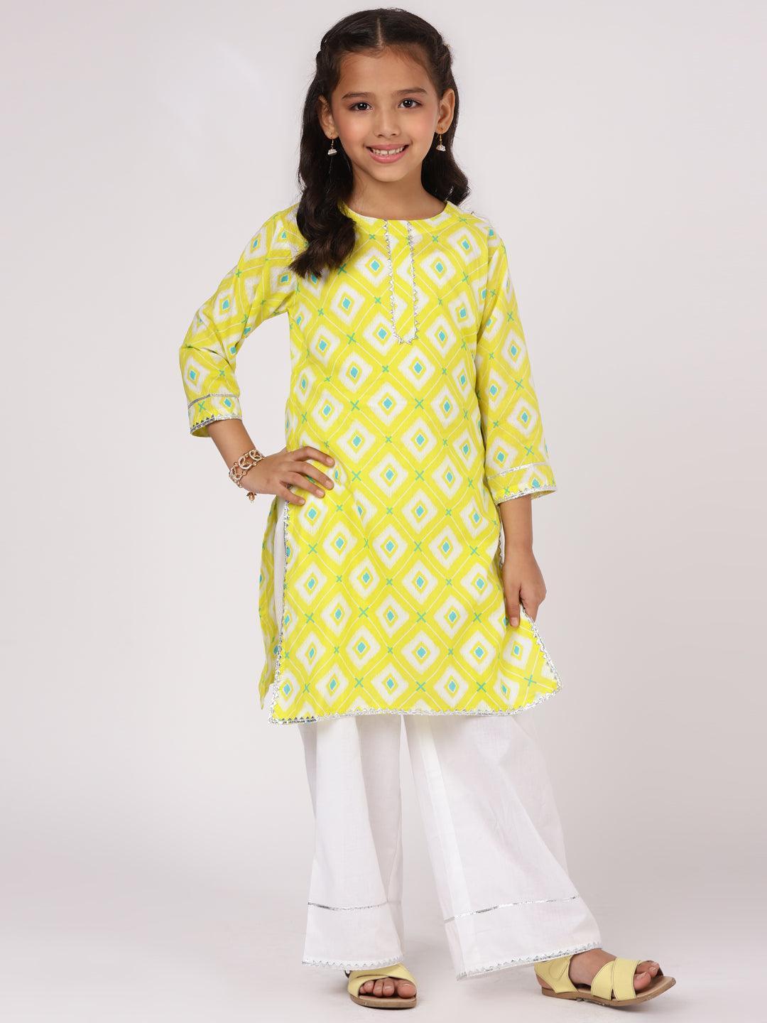 Kids Lime Green Printed Cotton Kurta Set