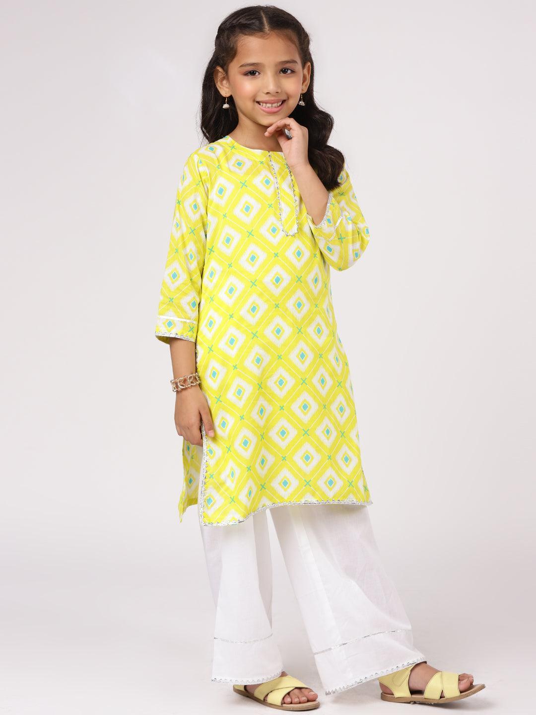 Kids Lime Green Printed Cotton Kurta Set