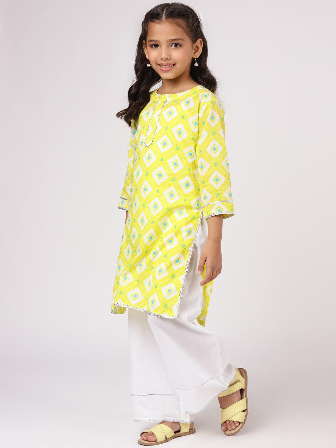 Kids Lime Green Printed Cotton Kurta Set