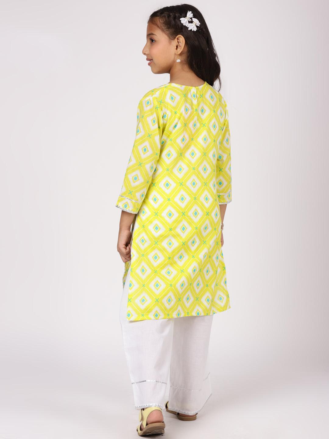 Kids Lime Green Printed Cotton Kurta Set