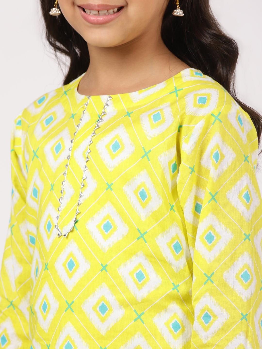 Kids Lime Green Printed Cotton Kurta Set