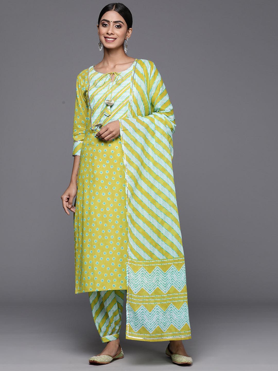 Lime Green Printed Cotton Straight Kurta With Salwar & Dupatta