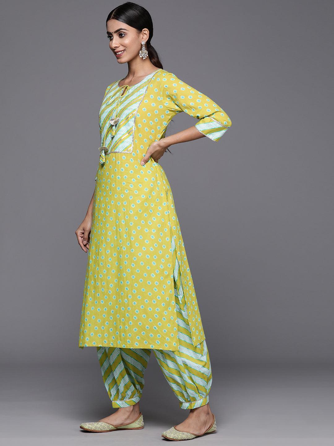 Lime Green Printed Cotton Straight Kurta With Salwar & Dupatta