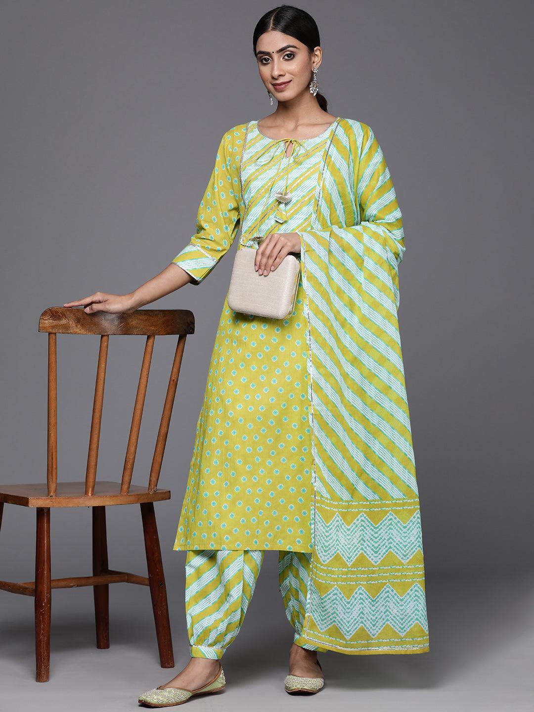 Lime Green Printed Cotton Straight Kurta With Salwar & Dupatta - Libas