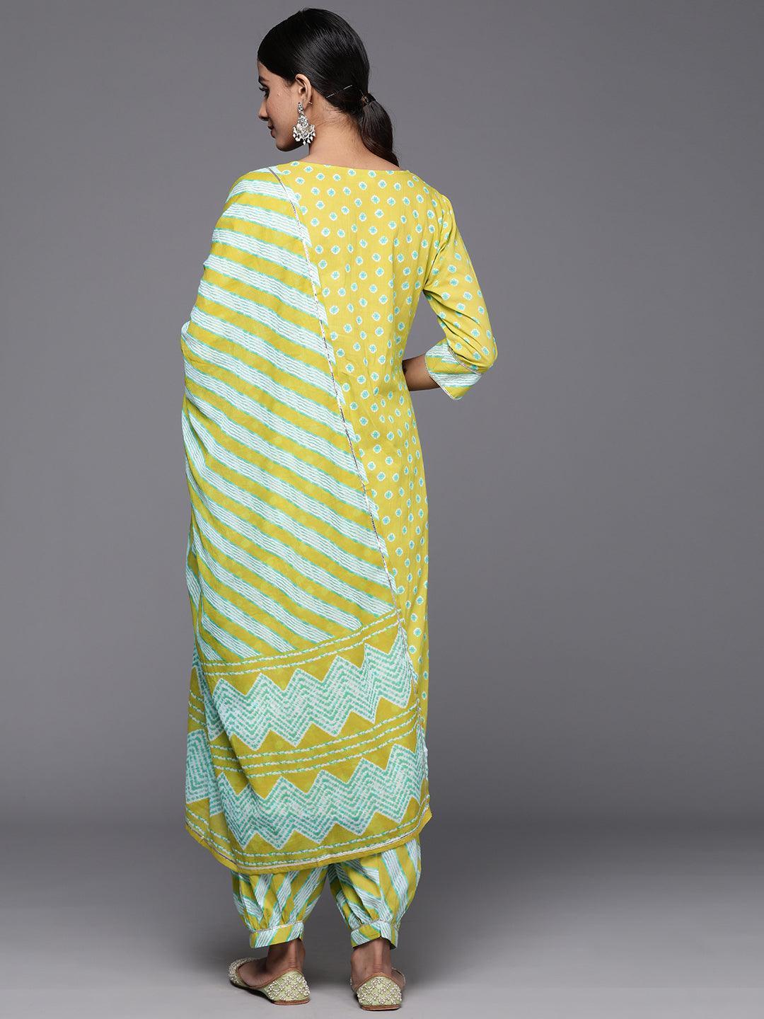 Lime Green Printed Cotton Straight Kurta With Salwar & Dupatta