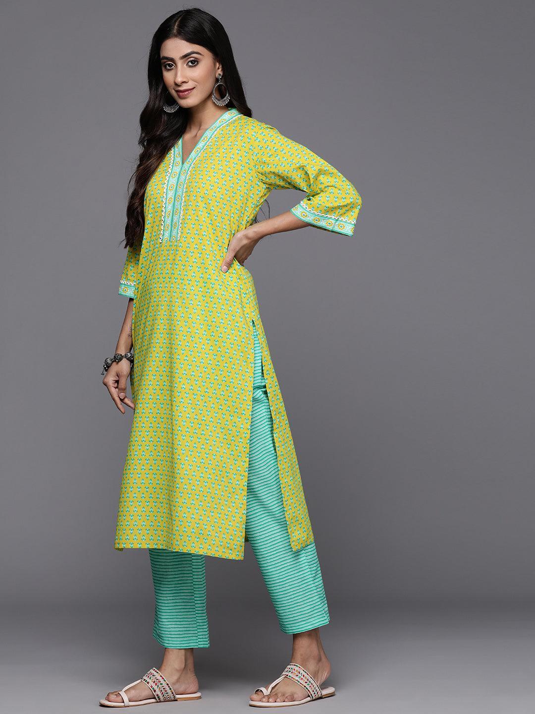 Lime Green Printed Cotton Straight Kurta With Trousers & Dupatta