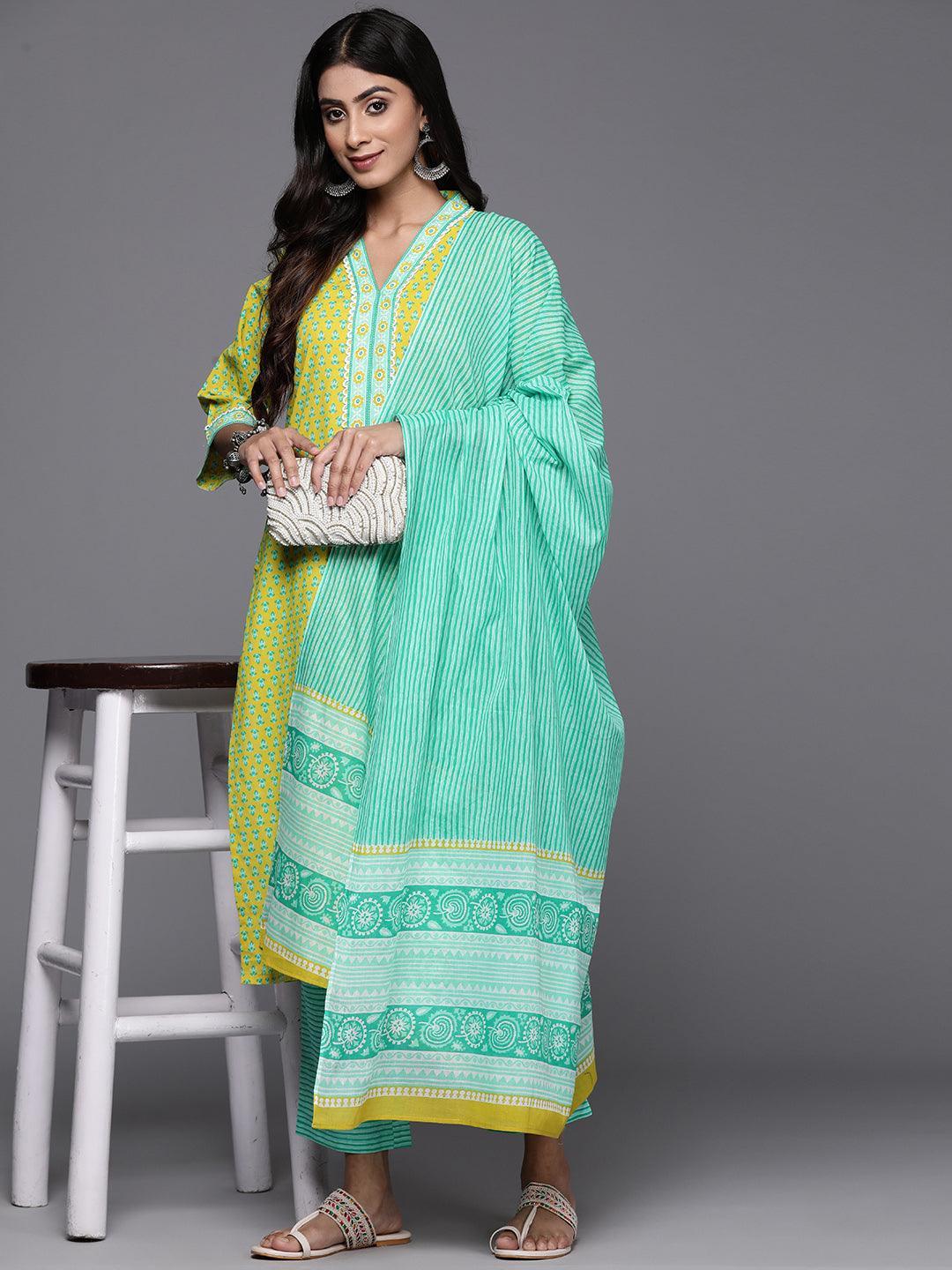 Lime Green Printed Cotton Straight Kurta With Trousers & Dupatta