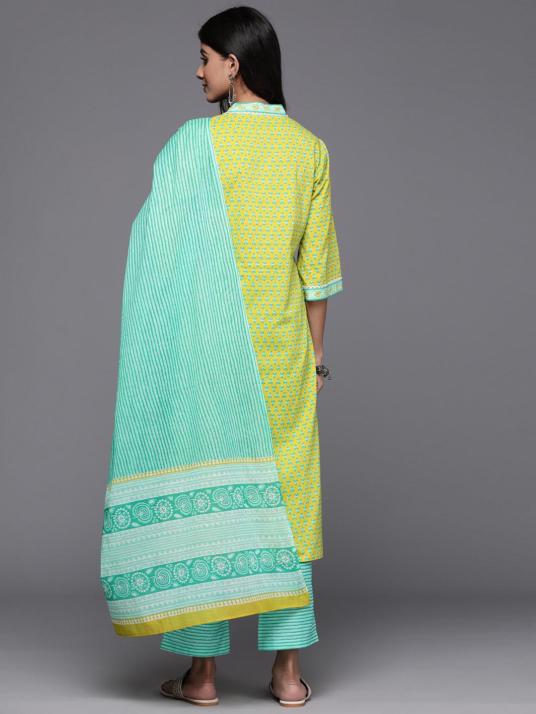 Lime Green Printed Cotton Straight Kurta With Trousers & Dupatta