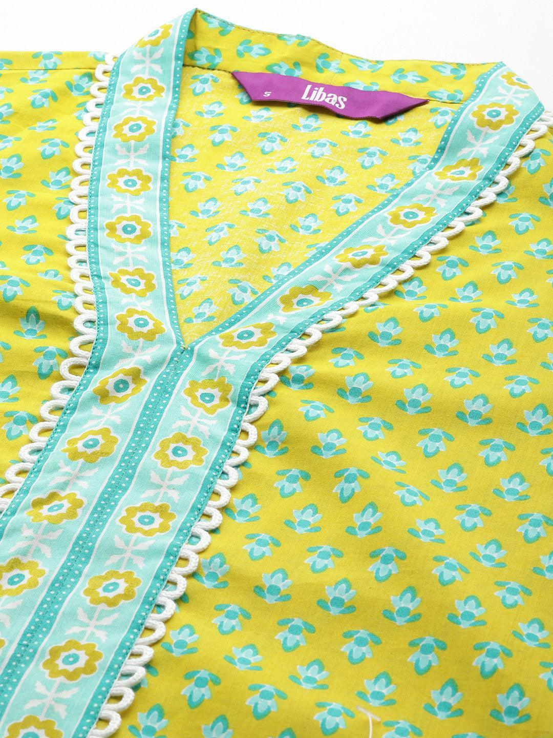 Lime Green Printed Cotton Straight Kurta With Trousers & Dupatta