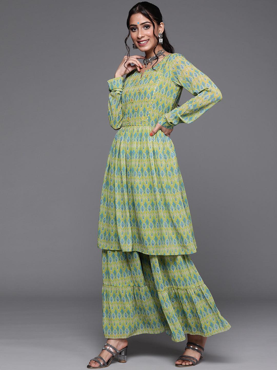 Lime Green Printed Georgette Suit Set