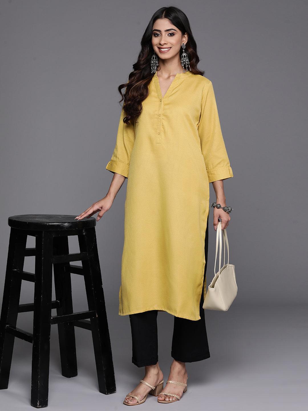 Lime Green Woven Design Rayon Straight Kurta - Libas