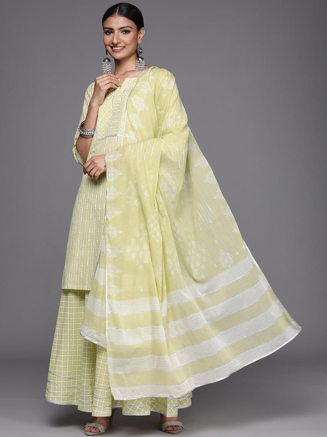 Lime Green Yoke Design Cotton Straight Suit Set