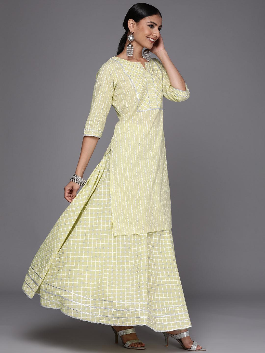 Lime Green Yoke Design Cotton Straight Suit Set