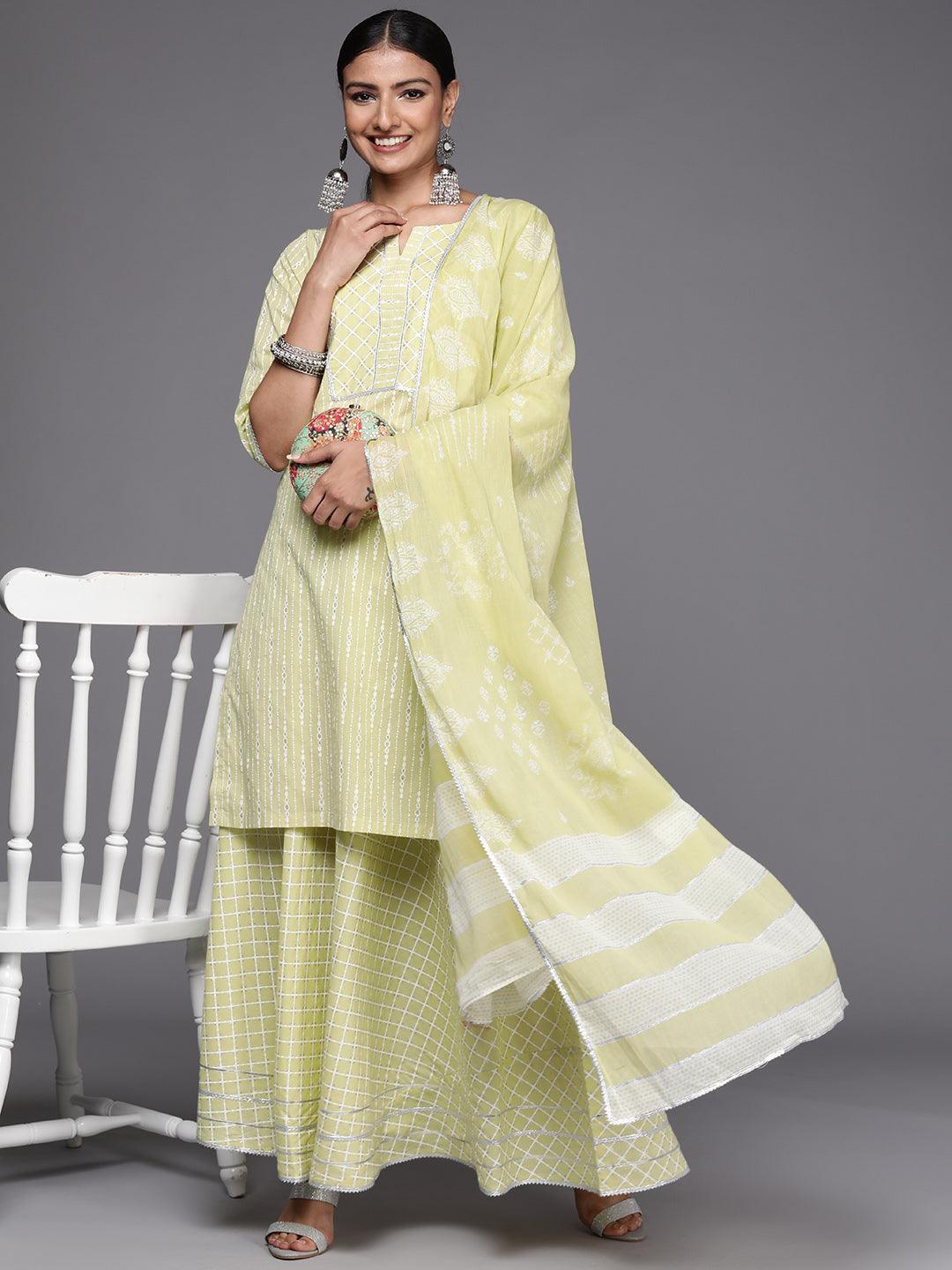 Lime Green Yoke Design Cotton Straight Suit Set