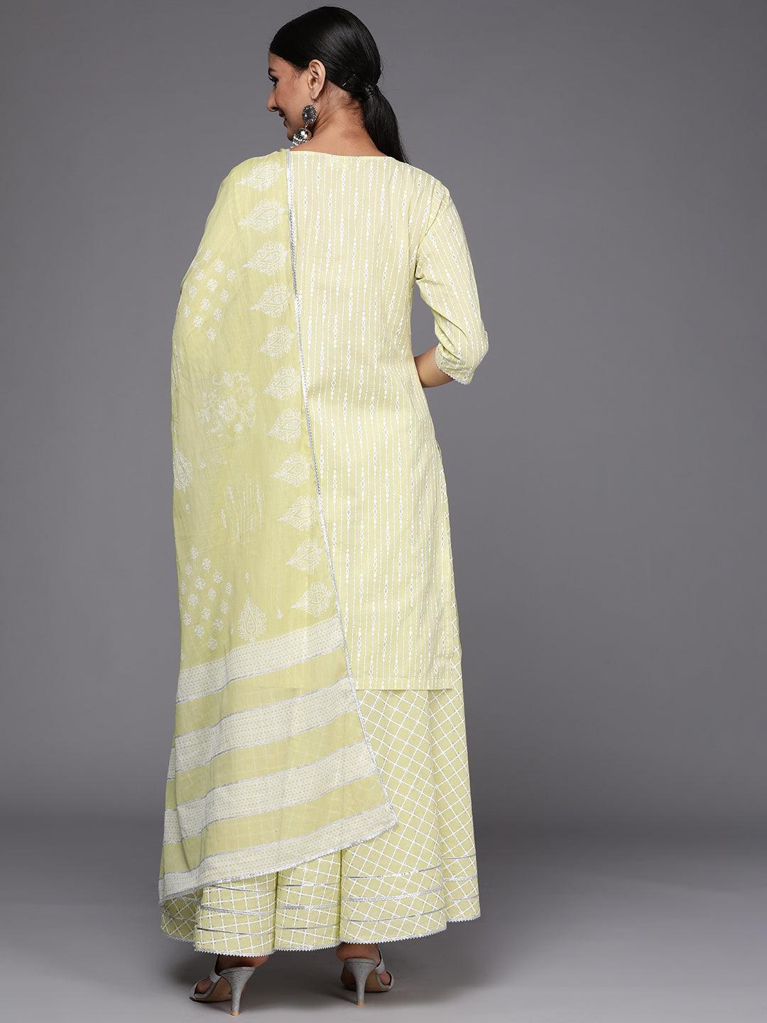 Lime Green Yoke Design Cotton Straight Suit Set - ShopLibas