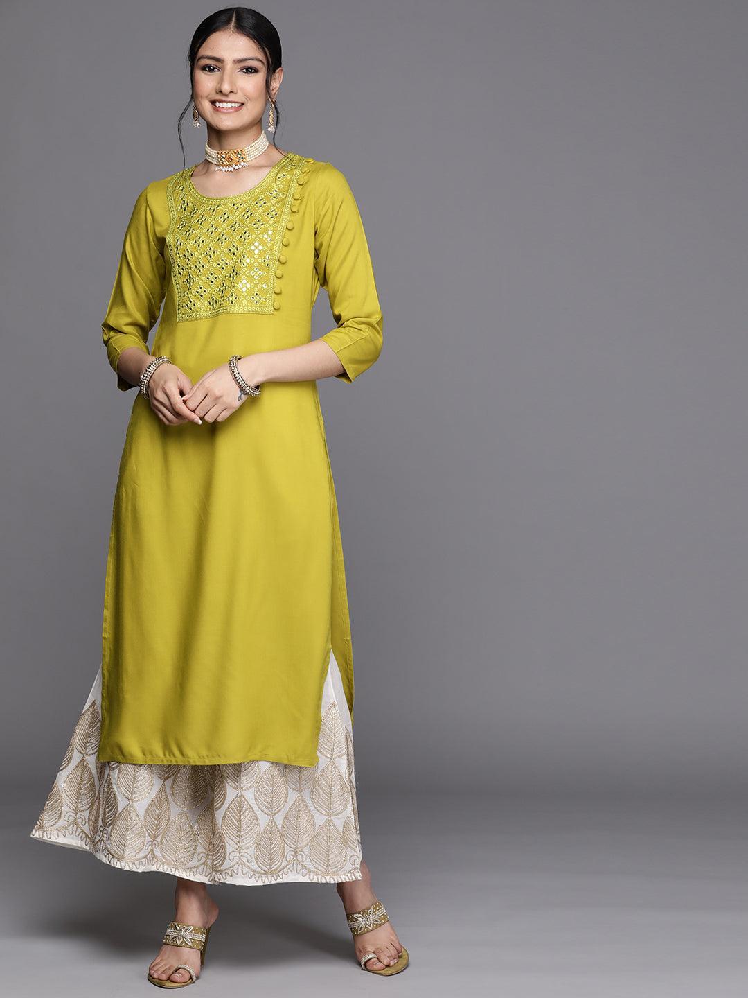 Lime Green Yoke Design Rayon Kurta