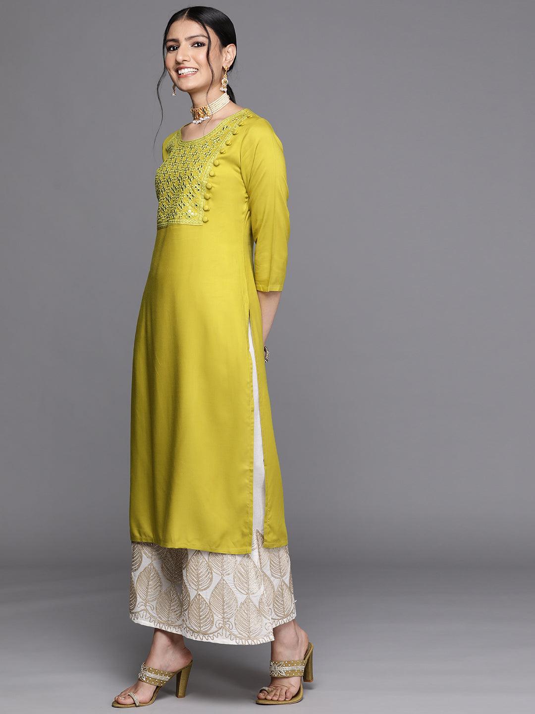 Lime Green Yoke Design Rayon Kurta - ShopLibas