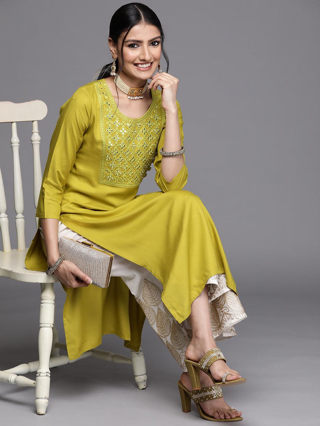 Lime Green Yoke Design Rayon Kurta