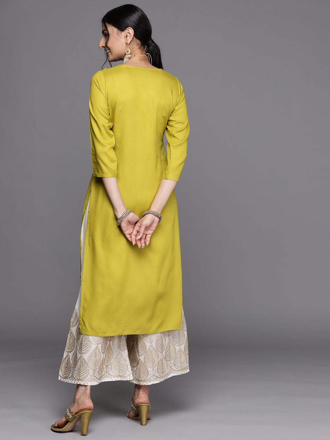 Lime Green Yoke Design Rayon Kurta