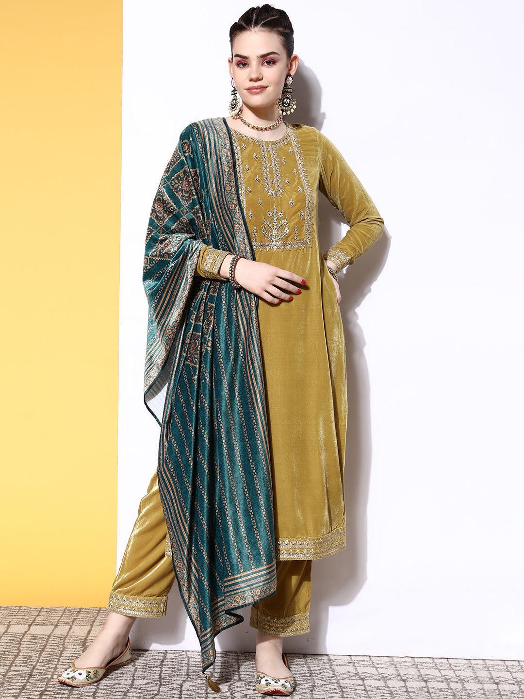 Lime Green Yoke Design Velvet Straight Suit Set